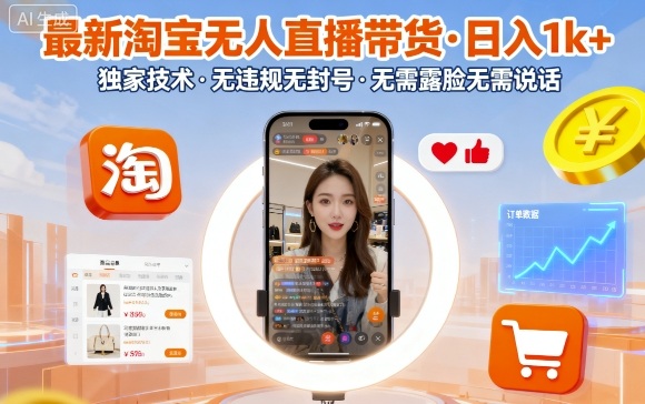 最新淘宝无人直播带货，日入1k+，独家技术，无违规无封号，无需露脸无需说话