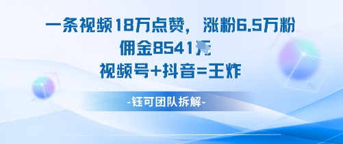 一条视频18W点赞，涨粉6.5W粉佣金8541米，视频号+抖音=王炸