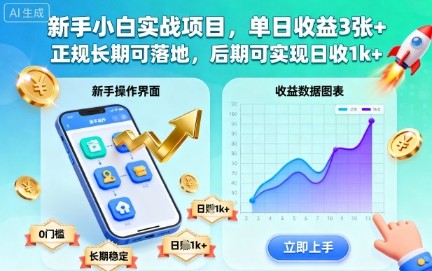 新手小白实战项目，单日收益3张+，正规长期可落地，后期可实现日收1k+