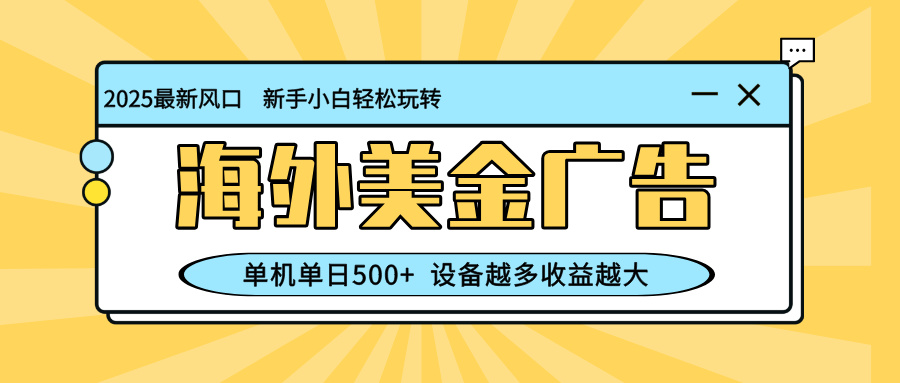 （16454期）最新蓝海项目，海外美金广告，单机单日500+，可矩阵放大，设备越多收益…