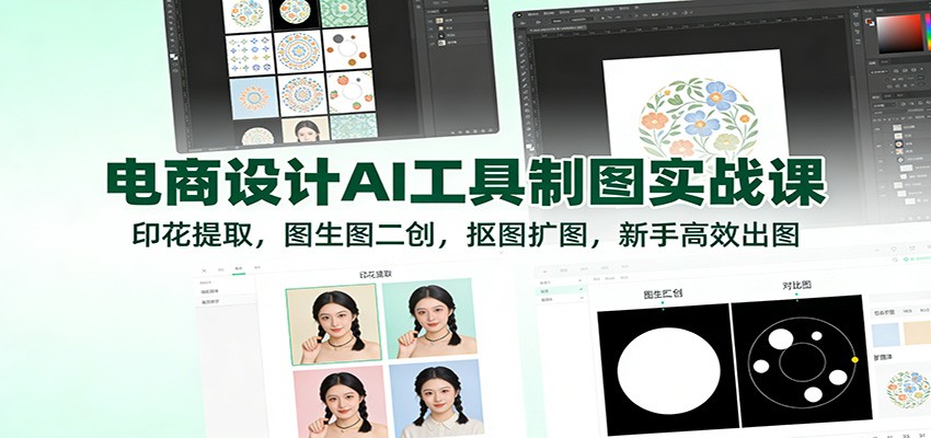 电商设计AI工具制图实战课:印花提取,图生图二创,抠图扩图,新手高效出图