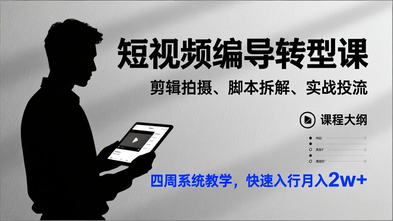 （17062期）短视频编导转型课，剪辑拍摄、脚本拆解、实战投流，四周系统教学，快速入行月入2w+